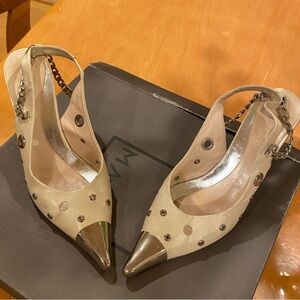 Ernesto Esposito Beige Pointed Slingback Heels with Metallic Cap and Studs